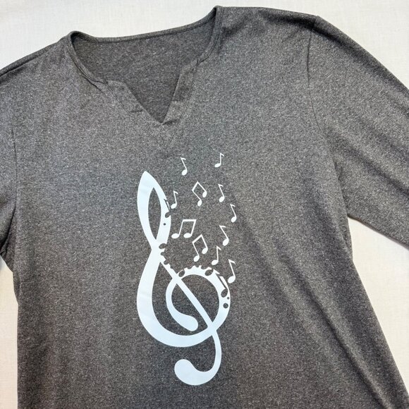 Treble Clef Music Note Top Size L Charcoal Gray Musiccore Graphic Tee 3/4 Sleeve - Picture 11 of 11